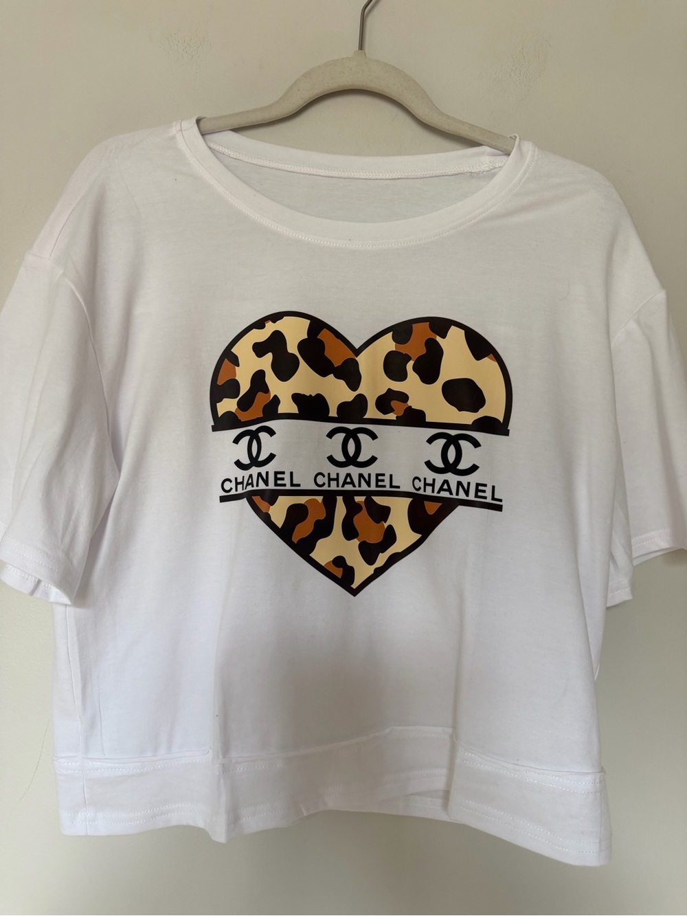 Custom Print CHANEL White Short Sleeve Tee with Leopard Heart Logo